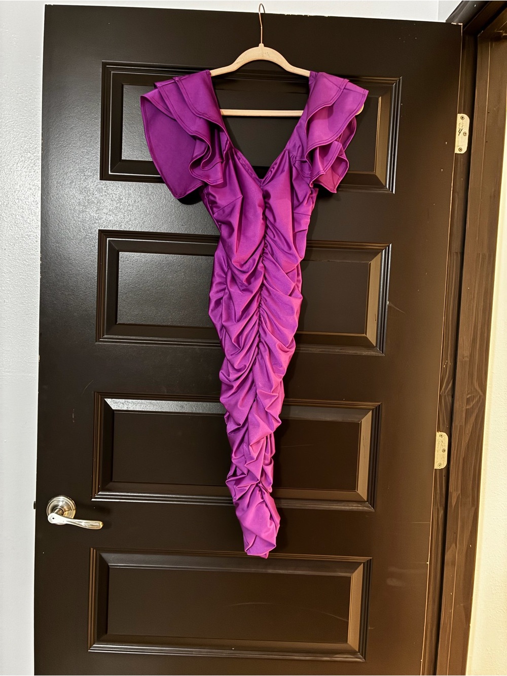 Ruched Purple Midi Dress with Ruffle Shoulders